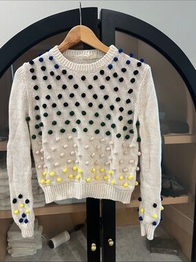 Moth Cream Crewneck Sweater with Black, Green, Blue & Yellow Pom-Poms